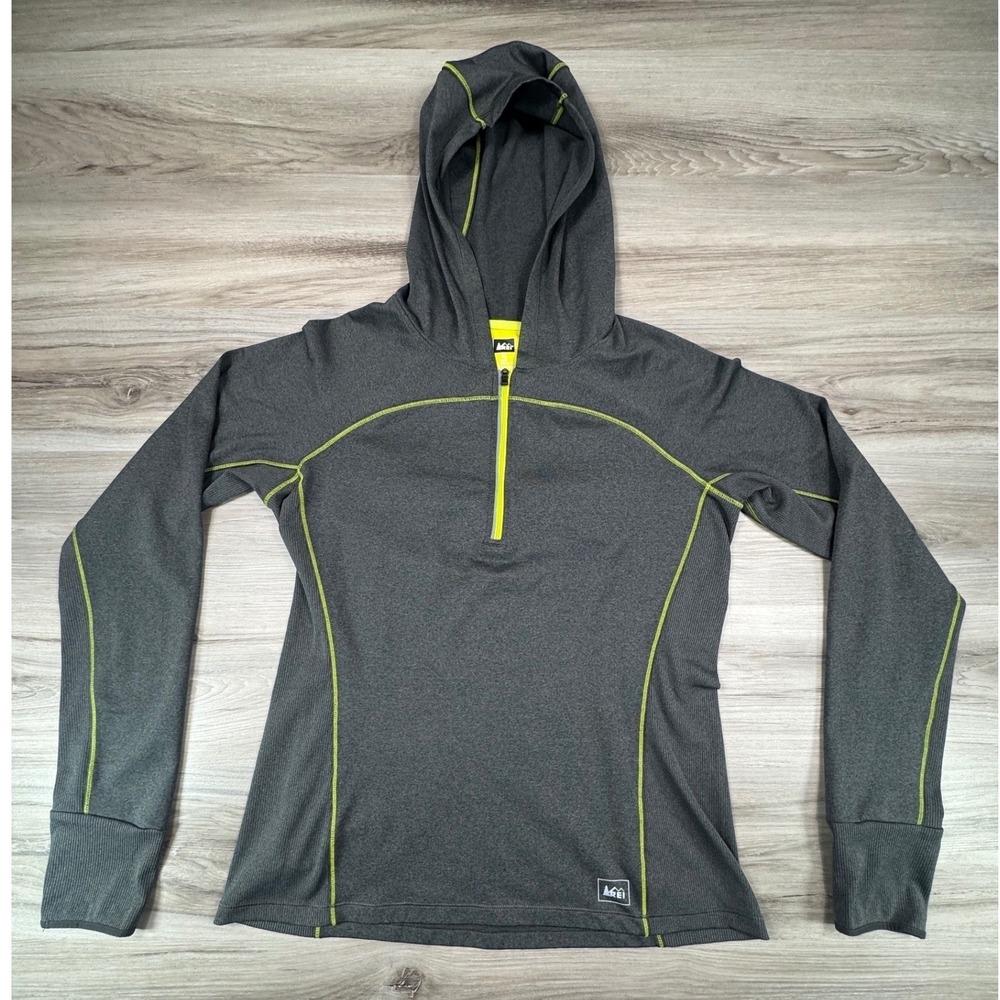 REI Womens Gray Lime Green Quarter Zip Hooded Base Layer Top 853876 Size M